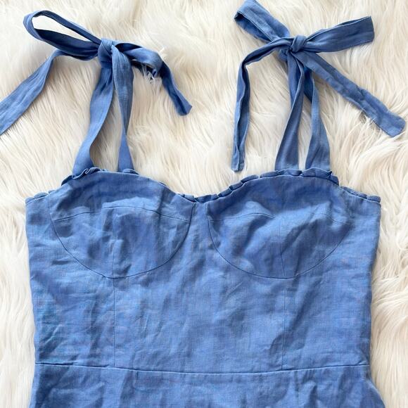 REFORMATION Desiree Linen Mini Dress Ruffle Sweetheart Bustier Tie Strap Blue - Picture 7 of 15